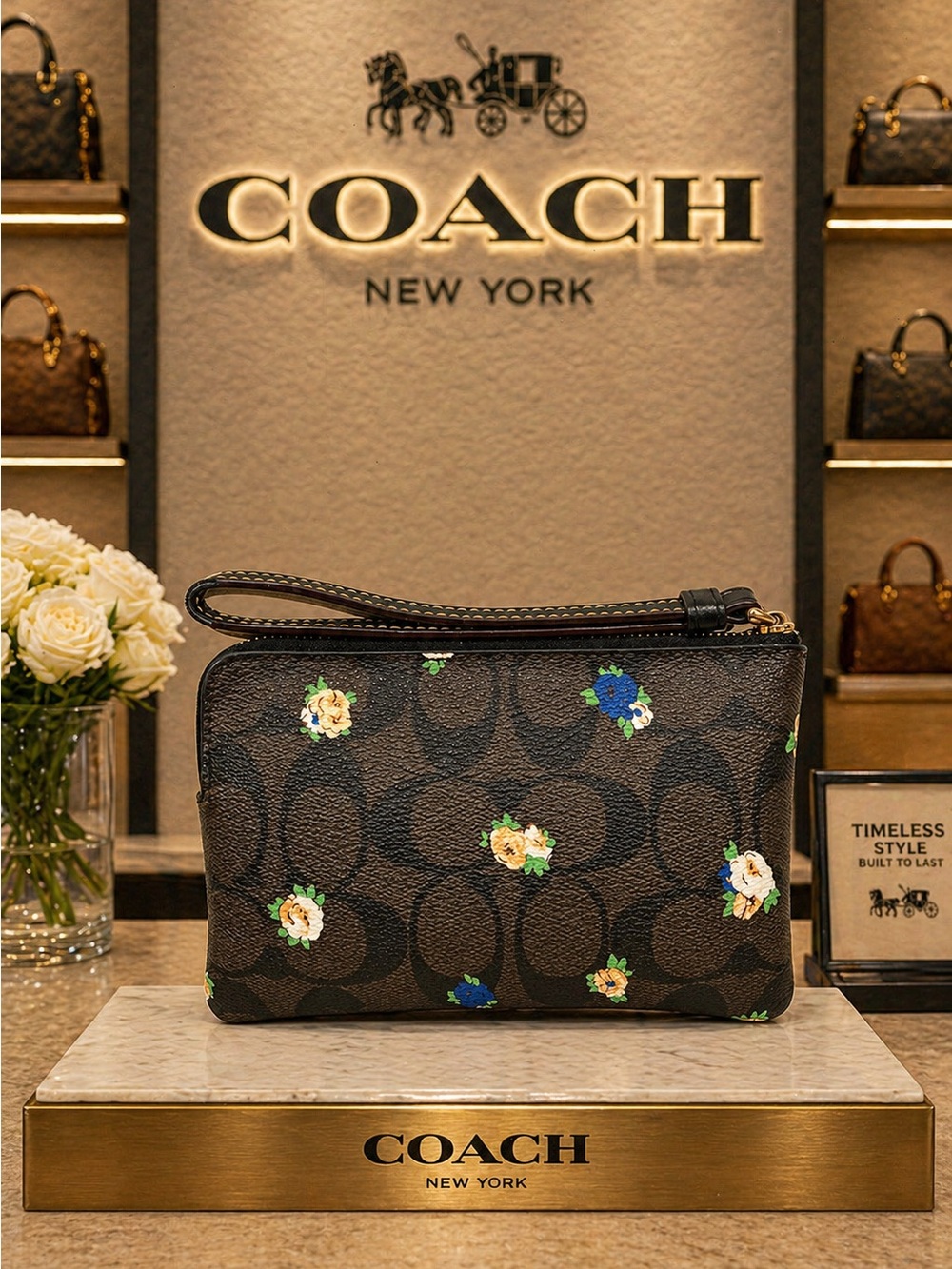 Coach Corner Zip Wristlet Brown Signature Canvas Vintage Mini Rose Print - Picture 2 of 4